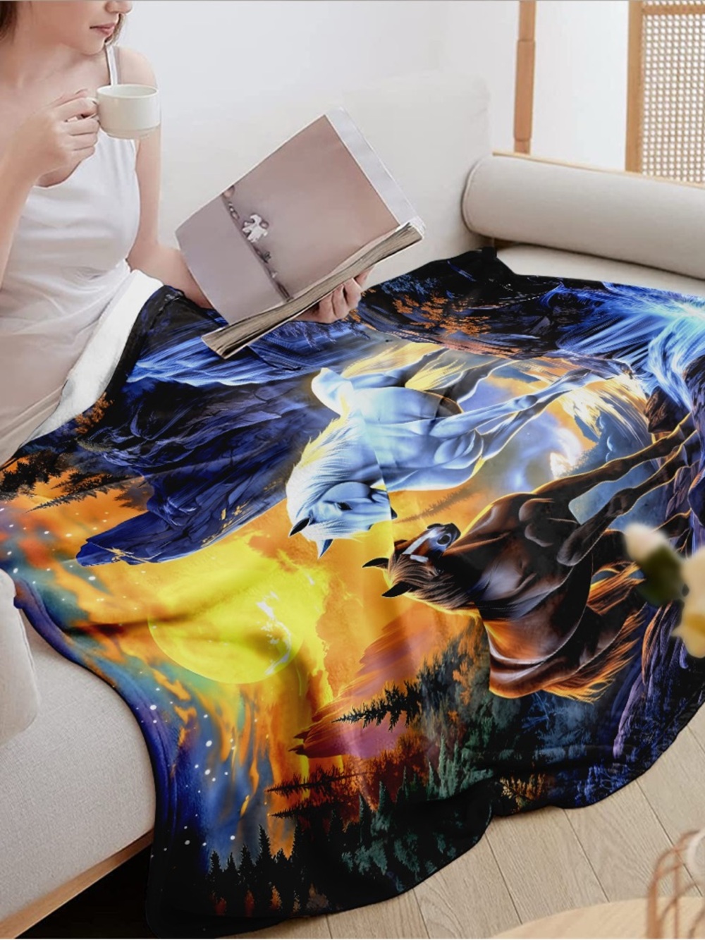 Mystic Horse Scenic Throw Blanket - Blue & Brown Horses - Picture 2 of 5